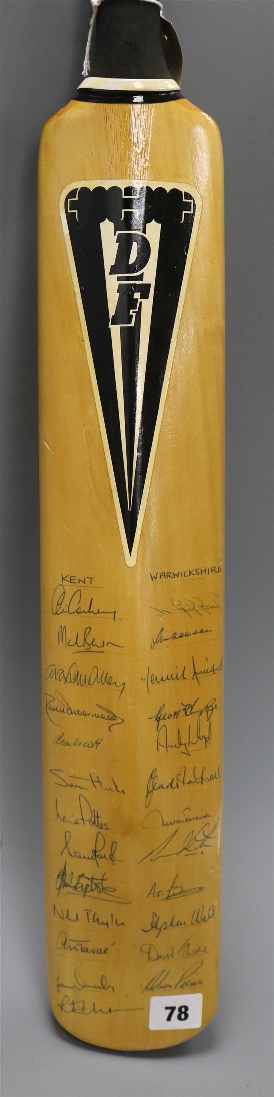 Derek Underwood Benefit year cricket bat for 1986, signed by members of the Australian, English, Kent and Warwickshire teams